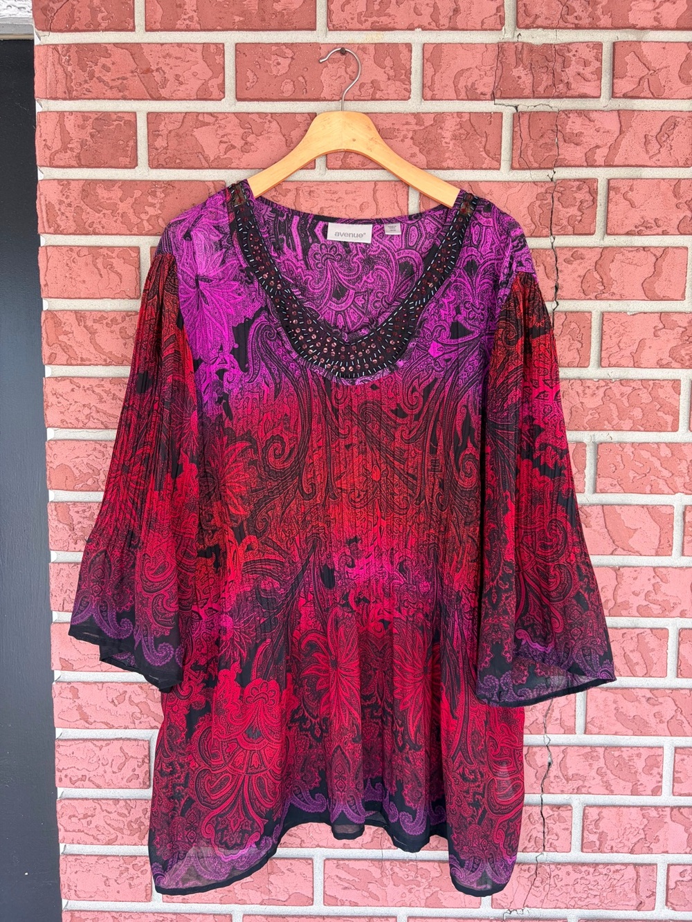 Avenue Red and Pink Paisley Beaded V-Neck Tunic